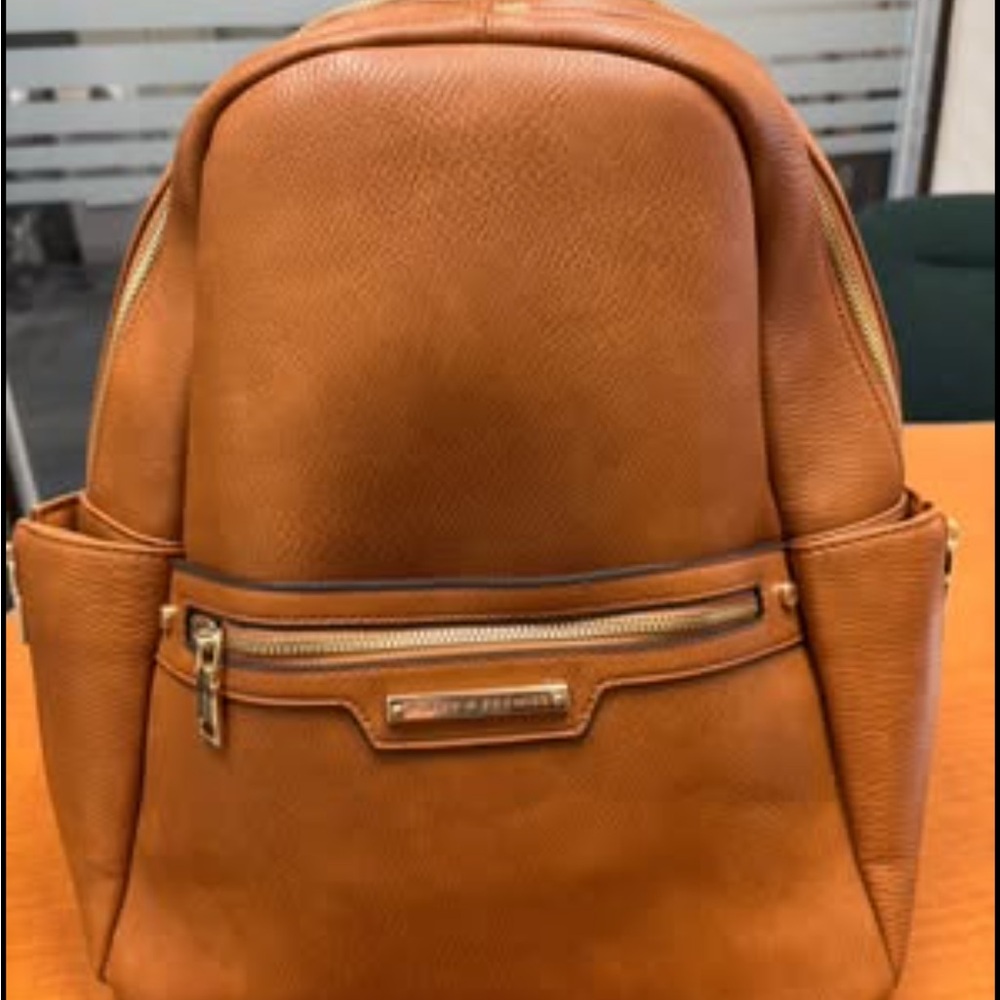 Caramel Leather Backpack with Dome Top and Structured Design